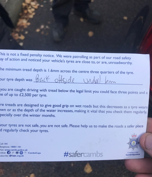 Police Note left for cars with low tread depths found on theur cars 