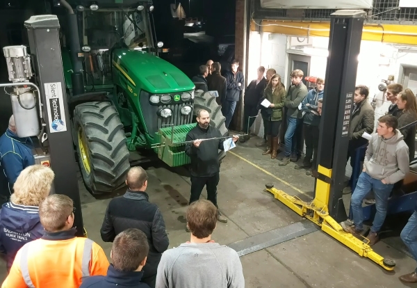 Matt Smith (Bush Tyres) demonstrating a Tractor wheel alignment for Lincolnshire Young Farmers at Bush Tyres Horncastle