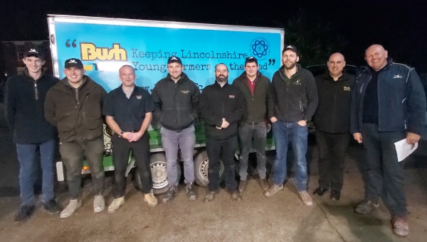 Lincs Young Farmers representatives, Bush Tyres staff & Ian Whitwell in front of the LYF trailer sponsored by Bush Tyres