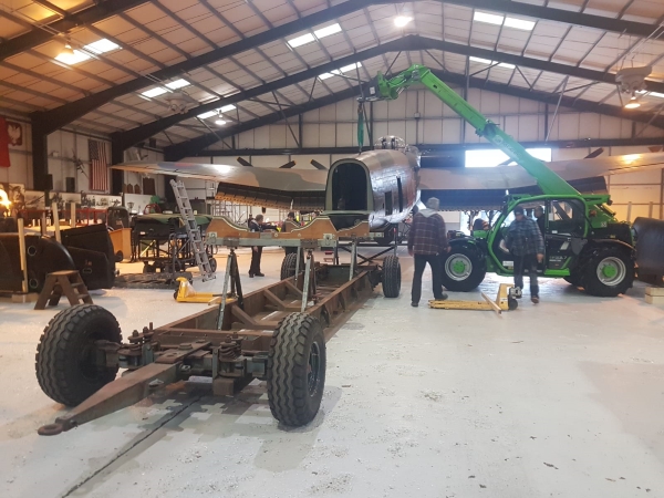 Fuselage trolley in position for Lincolshire Aviation Herritage Centre to split Avro Lancaster NX611 'Just Jane' in sections for restoration