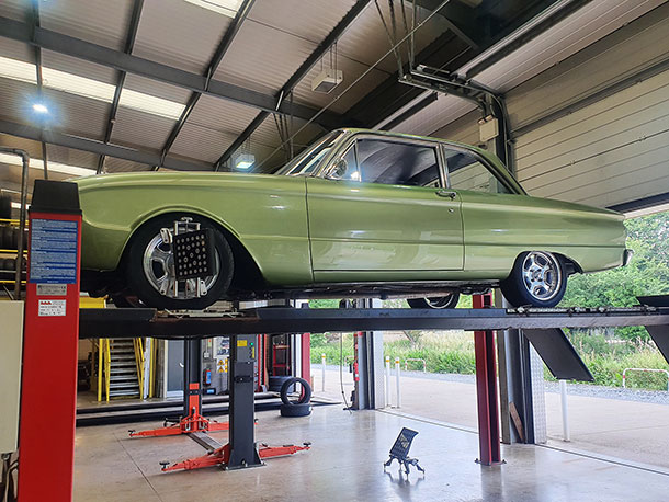 1964 Ford Falcon in for wheel alignment in Spalding